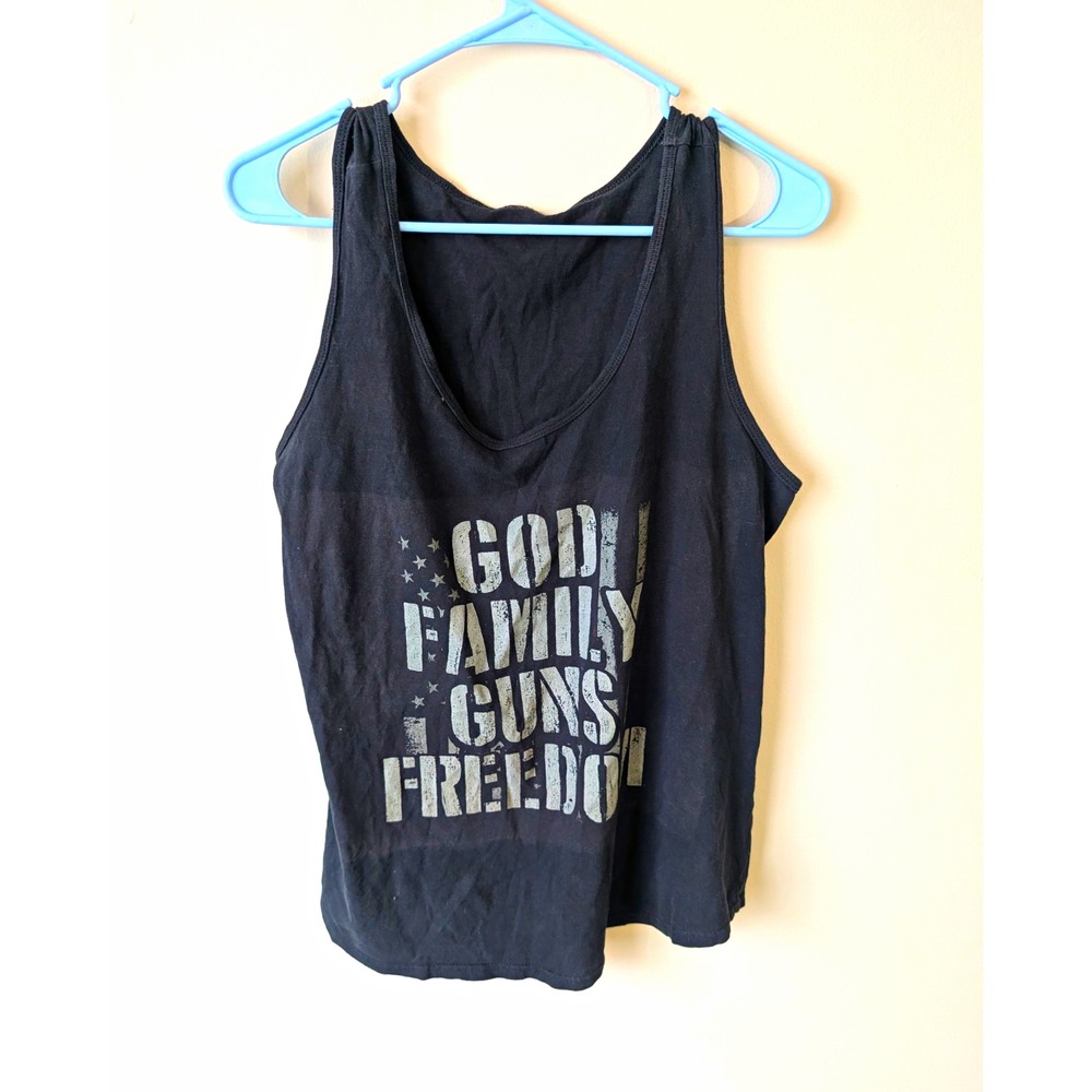 Mens Black Graphic Print Tank Top L Scoop Neck Sleeveless Patriotic God Family